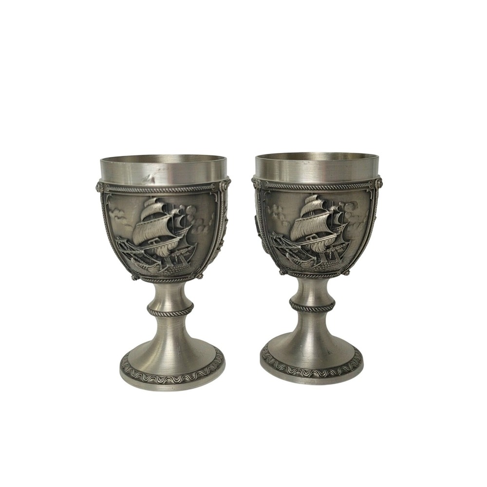 Vintage Rein Zinn German Pewter Wine Chalice Goblet Sailboat Ship‎ Set Of Two